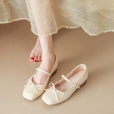 2025 New Fashion Inside Heightened Bow Mary Jane Shoes Women's Square-Toe Shallow-Mouth Leather Summer Single Shoes