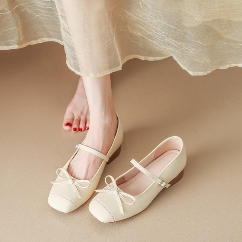 Fashion 2025 New Fashion Inside Heightened Bow Mary Jane Shoes Women's Square-Toe Shallow-Mouth Leather Summer Single Shoes