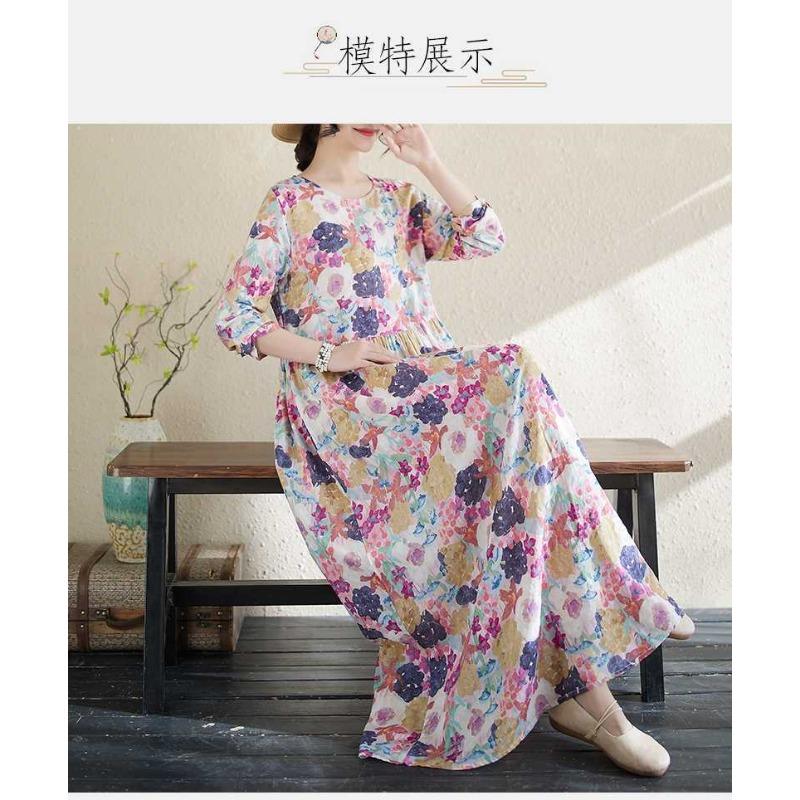 Literary Aging New Floral Vacation Style Travel Round Neck Long Sleeve Dresses