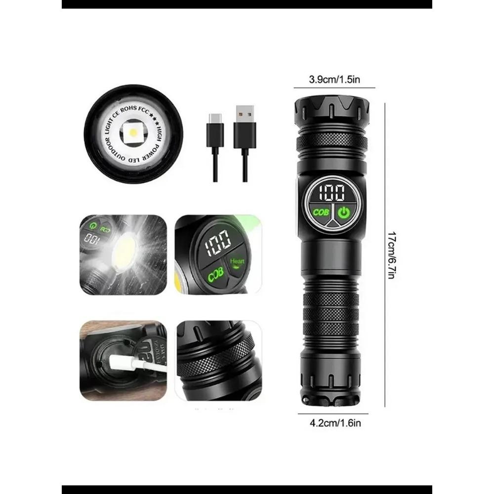 Rechargeable Magnetic Super Bright Flashlight with COB Side Light Long Range Zoom 16Hrs Runtime Waterproof for Camping