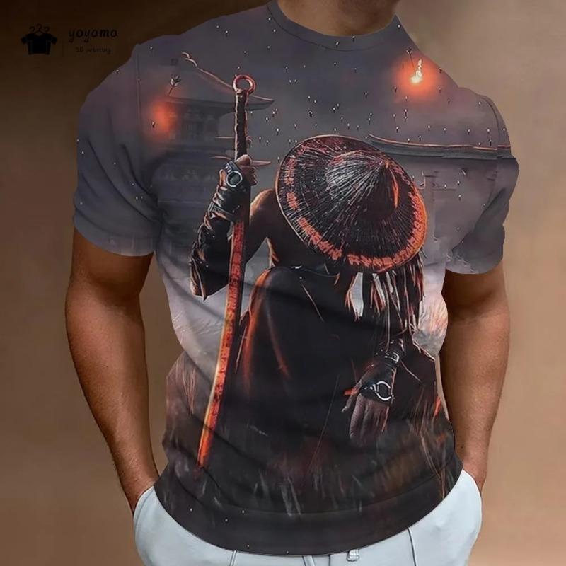 Vintage 3D Samurai Pattern T-Shirt Men Summer Outdoor Men Top Fashion Breathable Men Short Sleeve Tee Round Neck Men's Clothing