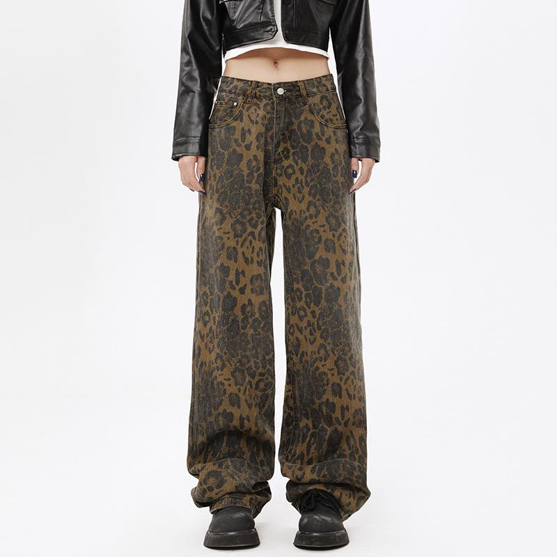 Street Leopard Print Jeans Men's American High Street Niche Design Loose Straight Trousers
