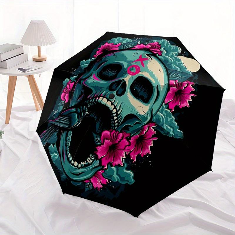 1pc Skull Flowers Automatic Open/close Folding Compact Umbrella, 8-Rib Sturdy Canopy, Lightweight Portable, Everyday Use, Gift, Outdoor Umbrella, Trav