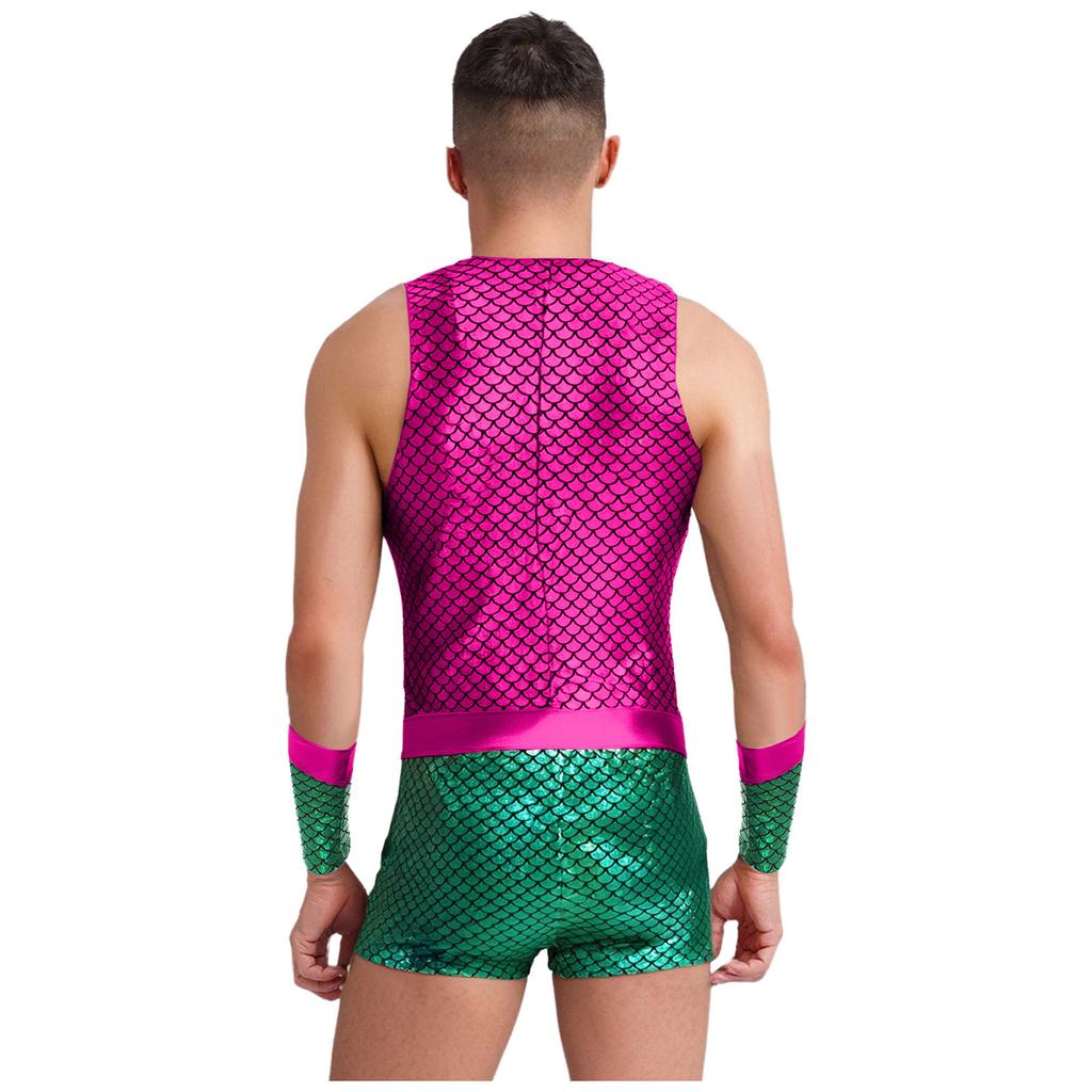 Men Sleeveless Fish Scales Print Bodysuit Sea King Sea God Halloween Cosplay Arm Sleeves Costume
