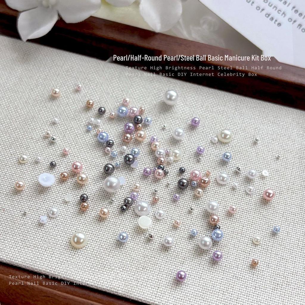 12-Fächer Perlen Nail Art Dekorationen: Stahlperlen in gemischter Größe & flache Halbrund-Strasssteine Weiß, Zubehör