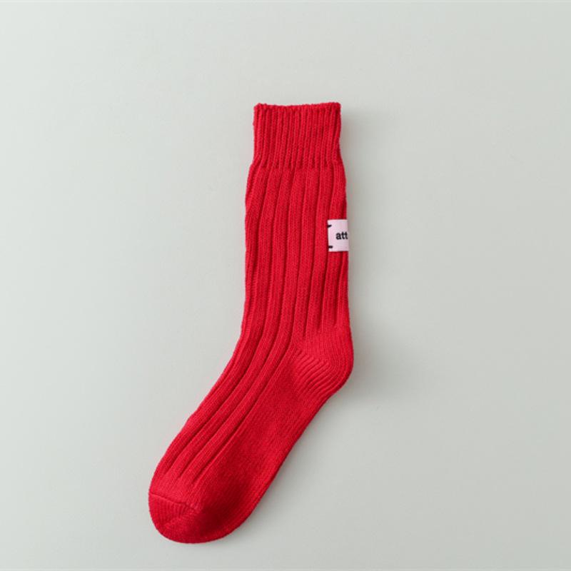 Japanese Pink Label Chunky Knit Mid-Calf Socks - Unisex Solid Color Raw Cotton