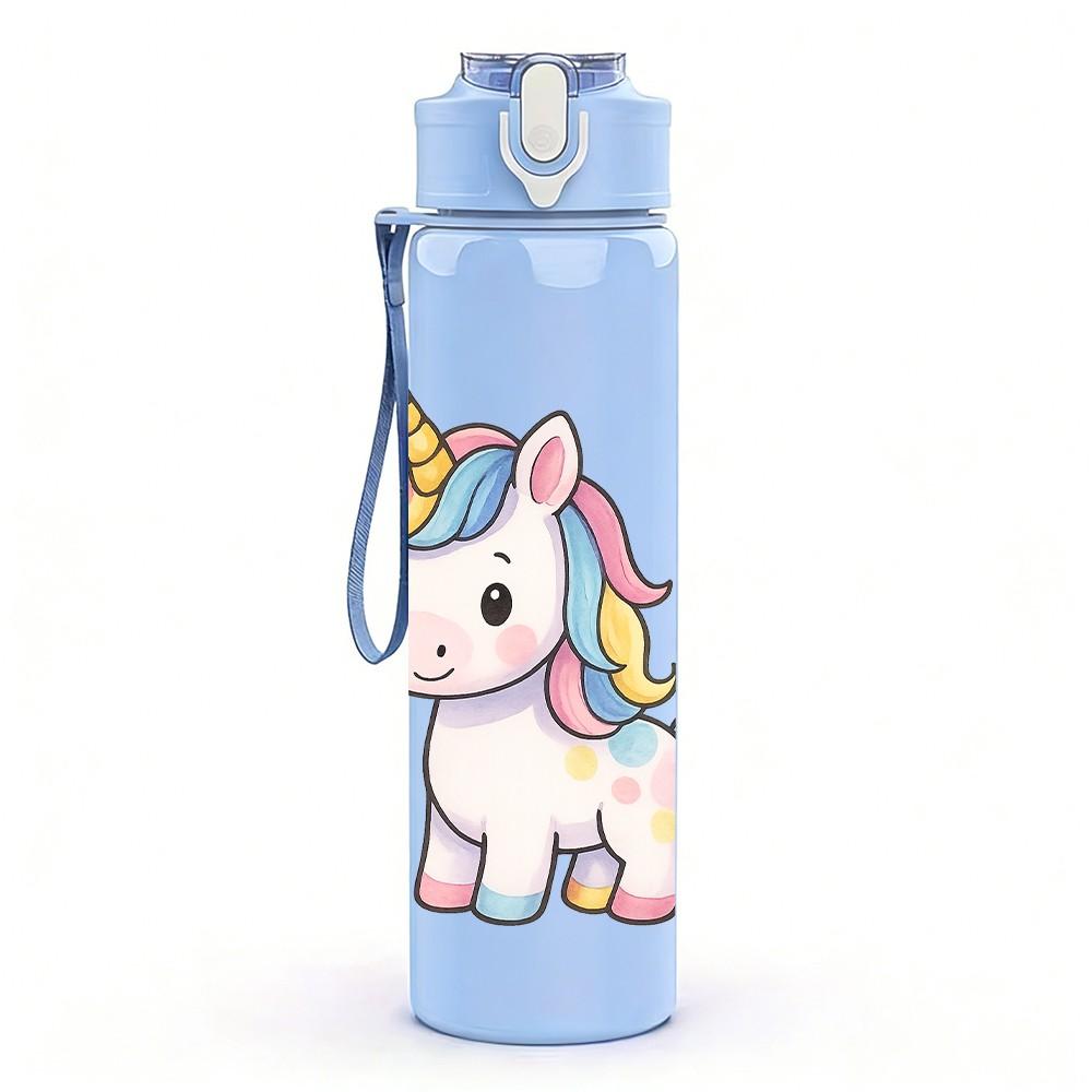 1PC White Unicorn Fantasy Cartoon 750ml Color Plastic Sports Water Bottle Leakproof Flip Straw Lid Suitable for Sports Office Home Use