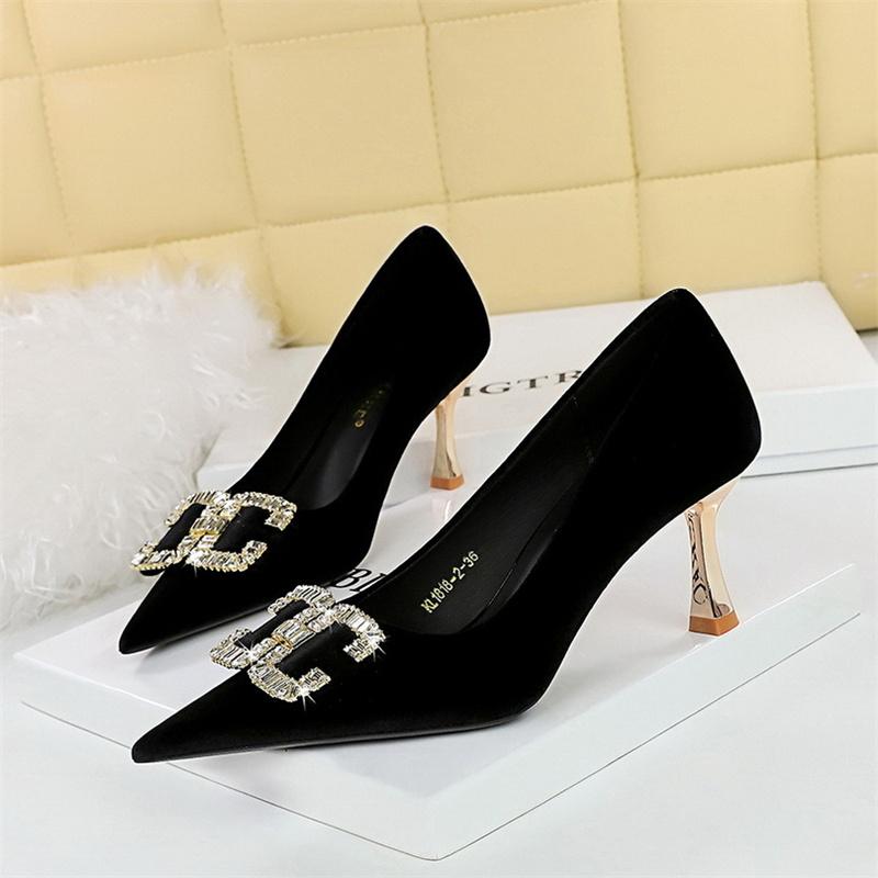 

Fashion Women High Heels Rhinestone Bow Green Pink Pointed Toe Party Pumps Velvet Luxury Elegant Wedding Evening Shoes 34