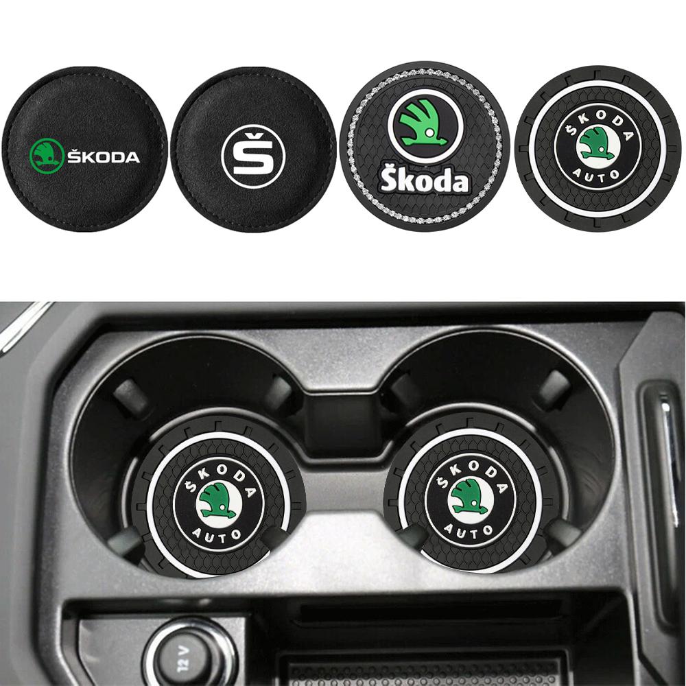 AAFM1 1/2/4pcs Car Water Cup Bottle Holder Anti-slip Pad Fur Mat For Skoda S Logo Octavia Mk3 Fabia 2 Superb 2 Kamiq Kodiaq VRS VII