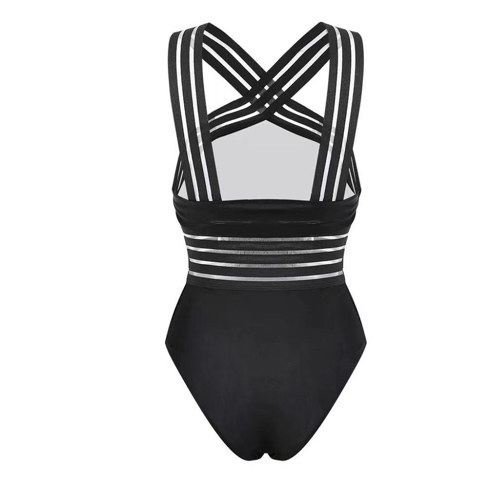 Korean Style Sheer Back Cross Off-Shoulder Slimming One-Piece Swimsuit for Women