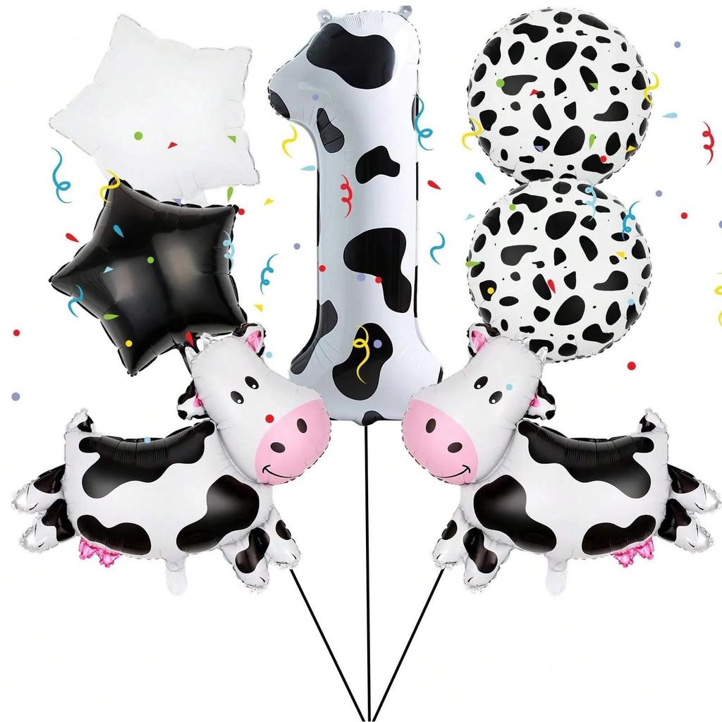 7pcs Cartoon Big Cow Balloon 40inch Black White Cow Number 0-9 Balloon Set Kid's Birthday Farm Animal Party Balloon Decoration