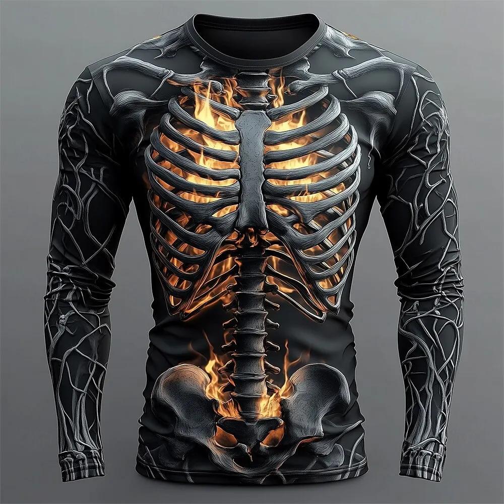 Creative Design 3D Skull Print Men's T-Shirt Autumn Daily Casual Long Sleeve Crew Neck Pullover Tees Oversize Breathable Clothes