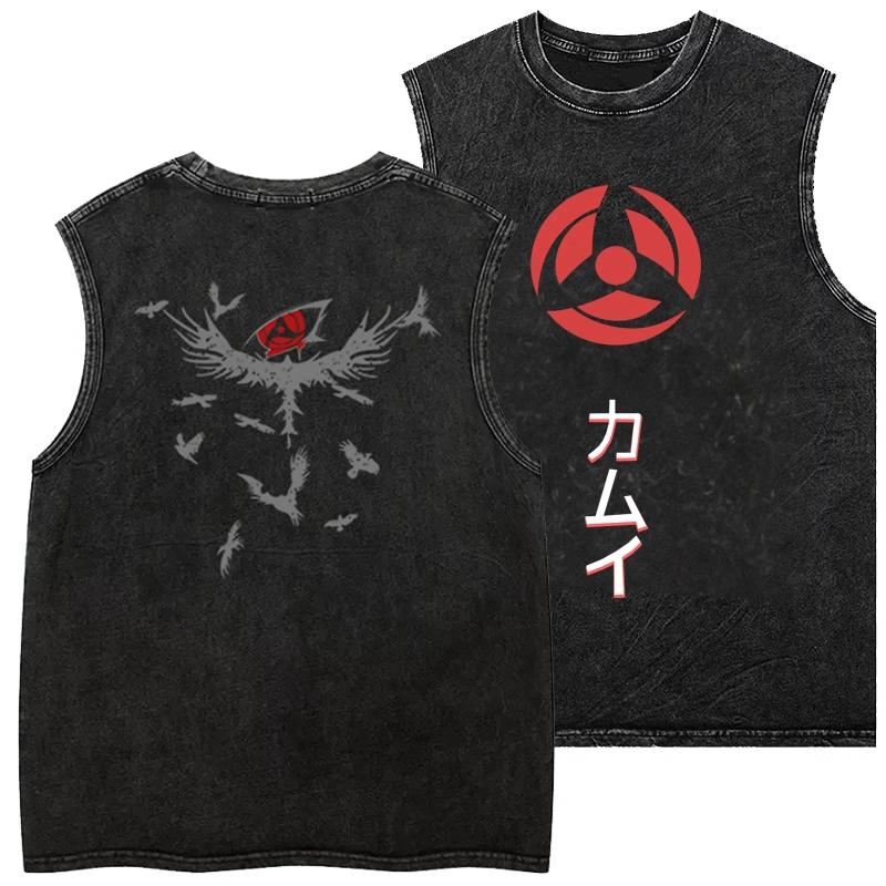Anime Print Vintage Washed Short-Sleeved Vest Trendy Loose Round-neck Men Women Sleeveless T-shirt  Unisex Tank Top