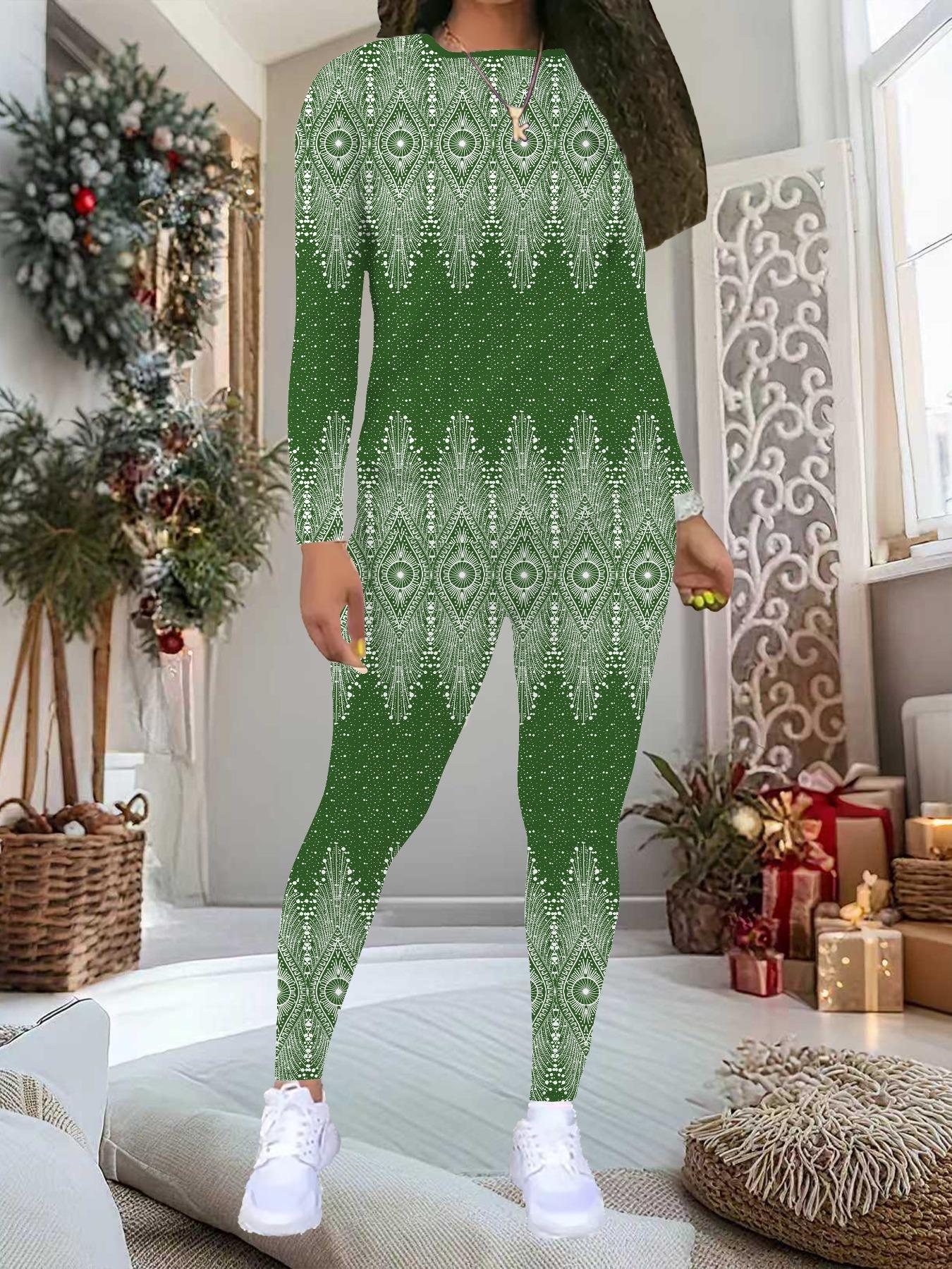 

Women s Flower Print 2-Piece Outfit: Long Sleeve Crew Neck Top & Pants, Holiday Limited Casual Party Gift Suit XXL зелёный