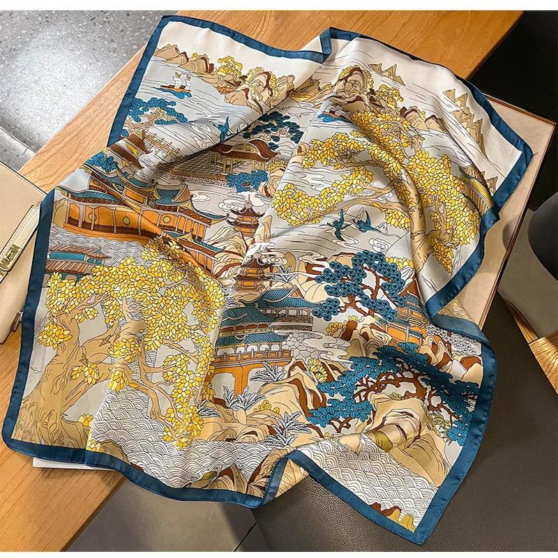 New Floral Print Shawl Design Silk Square Scarf Women Female Wrap Headkerchief Hijab Beach Stoles Hair Band Echarpe Bandana 2023
