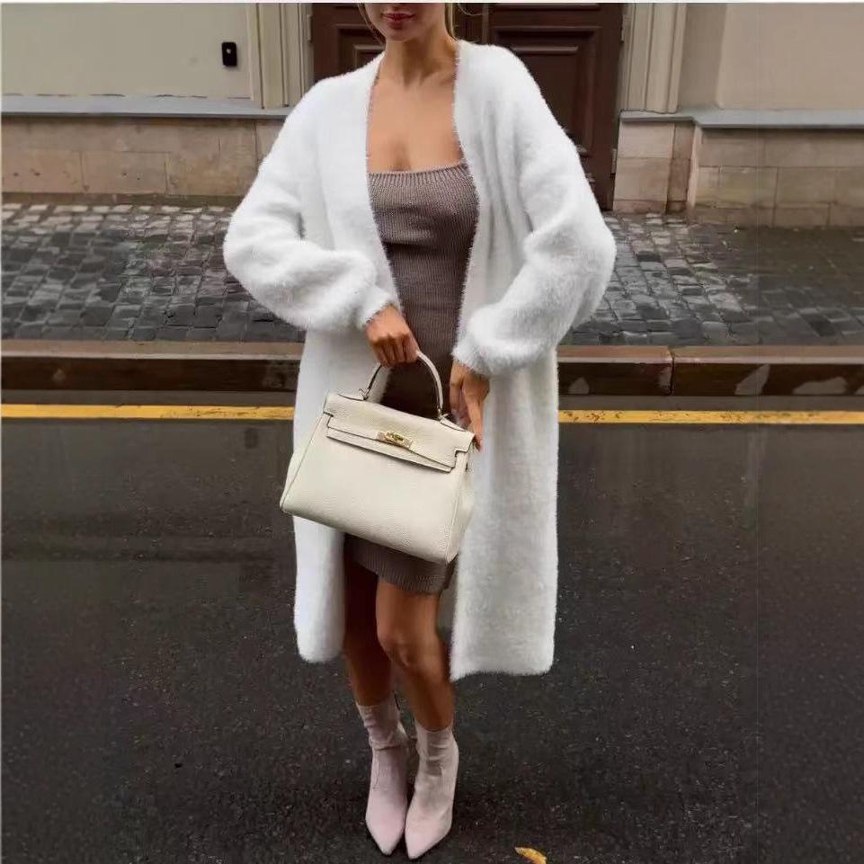 Women's White Long Knitted Over-the-Knee Cardigan - Imitation Mink Velvet