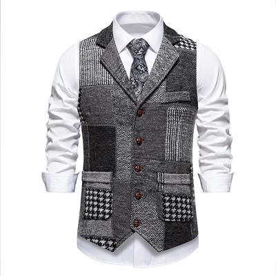 Gilet da Uomo con Revers Cuciture Patch Vintage Plaid Lana Casual Vita Stretta per Matrimonio Costumi Sposo