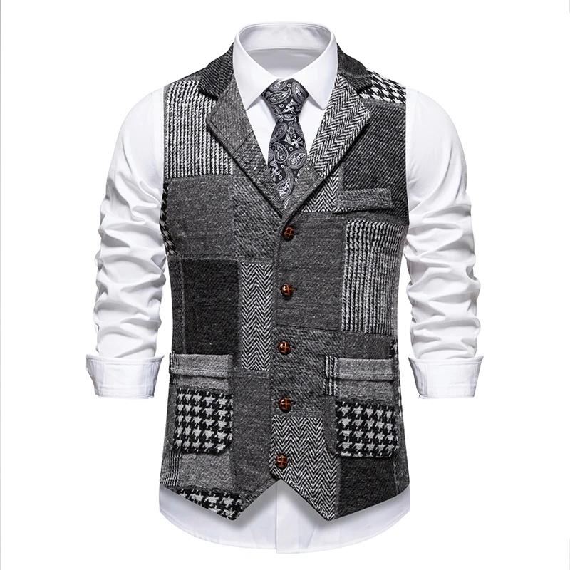 

Men s Suit Vest Lapel Collar Stitching Vintage Patch Plaid Woolen Casual Slim Waistcoat for Wedding Vest Groom Costumes L сірий