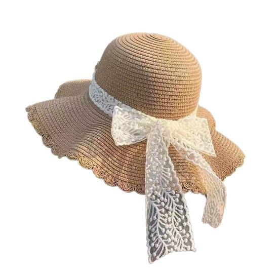

Sun Hat Large Wavy Brim Breathable Summer Straw Hat with Lace Bow Tulip Decor Foldable Portable Travel Hat B