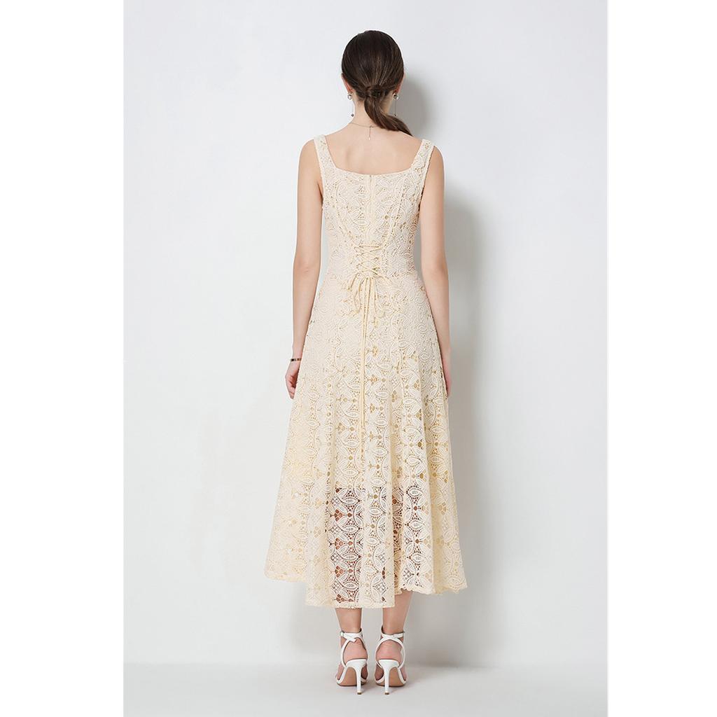 Elegant Sommer Heklet Broderi Blonder Lange Kjoler Dame   Sexy Tynn Stropp Kveldsfestkjole Vestidos De Fiesta