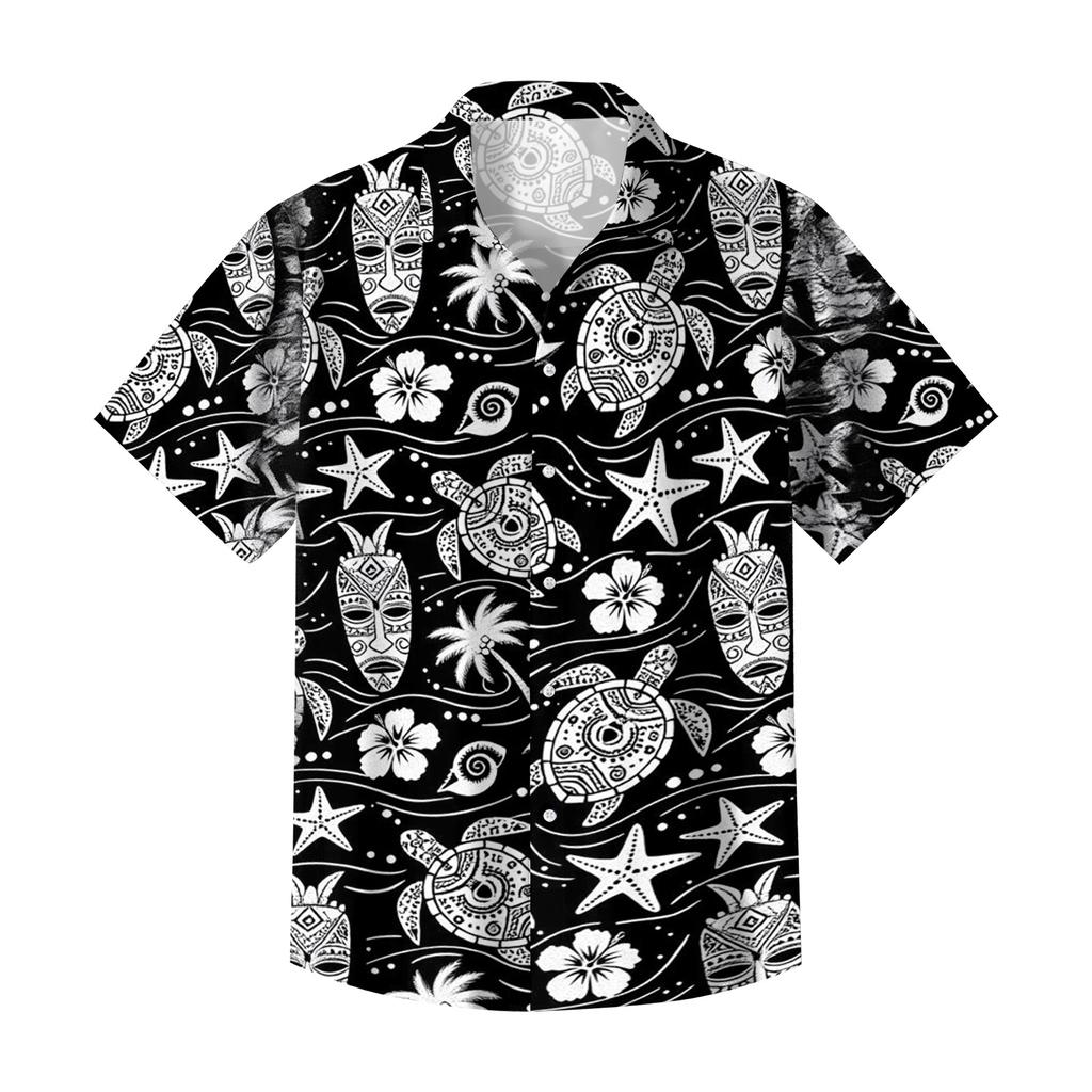 Men's Casual Loose Fit Short Sleeve Hawaiian Shirt Button Down Lightweight Summer Beach Shirt with Shark Print Design