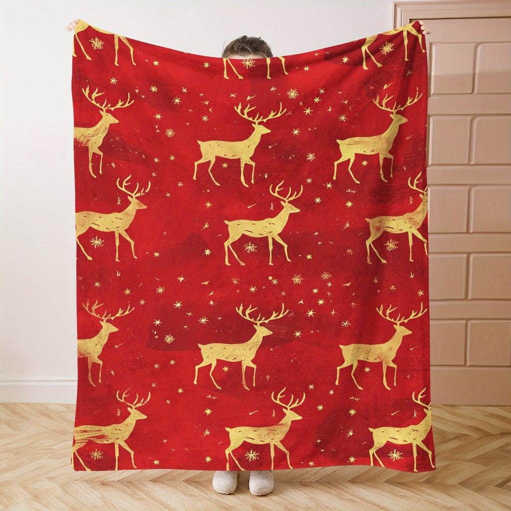 1pc Christmas Themed Flannel Blanket - Red and Golden Reindeer Snowflake Print, Soft Lightweight All-Season Bed Sofa Camping Travel Throw - Holiday Gi