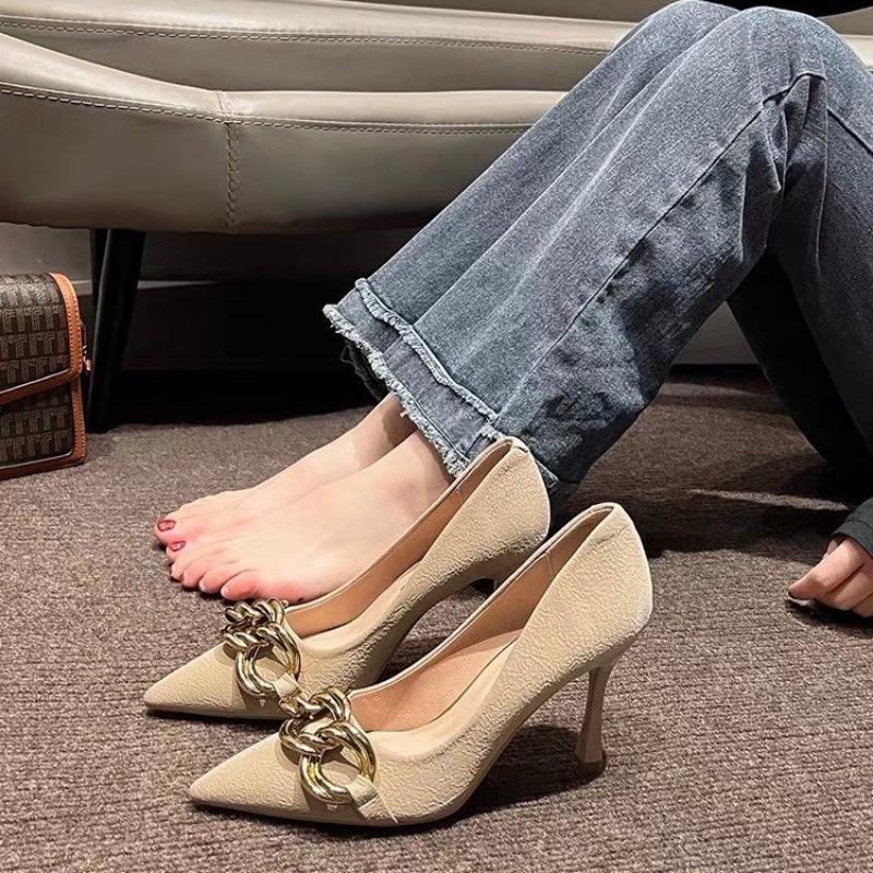 Fashion Shoes Woman Trend Luxury Women's Shoes Genuine Leather Metal Button High Heels Shoes New Popular Pointed Toe Fashion Sexy Party