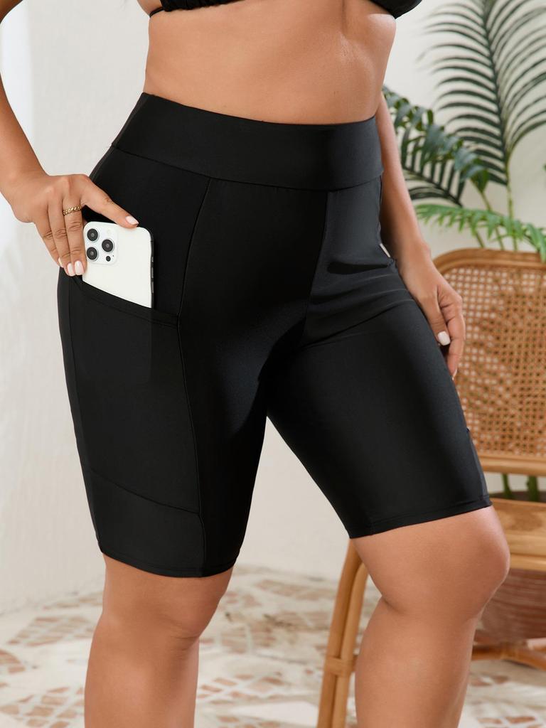 2026 High-Waist Badeshorts in Übergröße, Schwarz, mit Taschen - Europäischer & Amerikanischer Stil