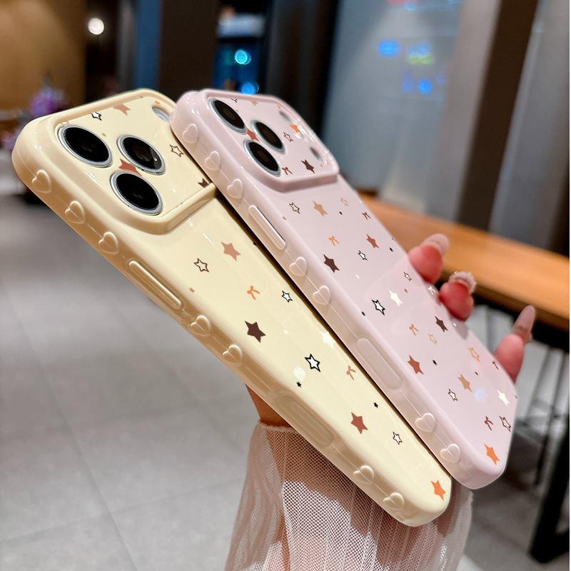 Creative Coffee Orange White Star Soft Heart Relief Side Phone Case For iPhone 17 16 15 14 13 12 11 Pro Max 14 Plus Cover