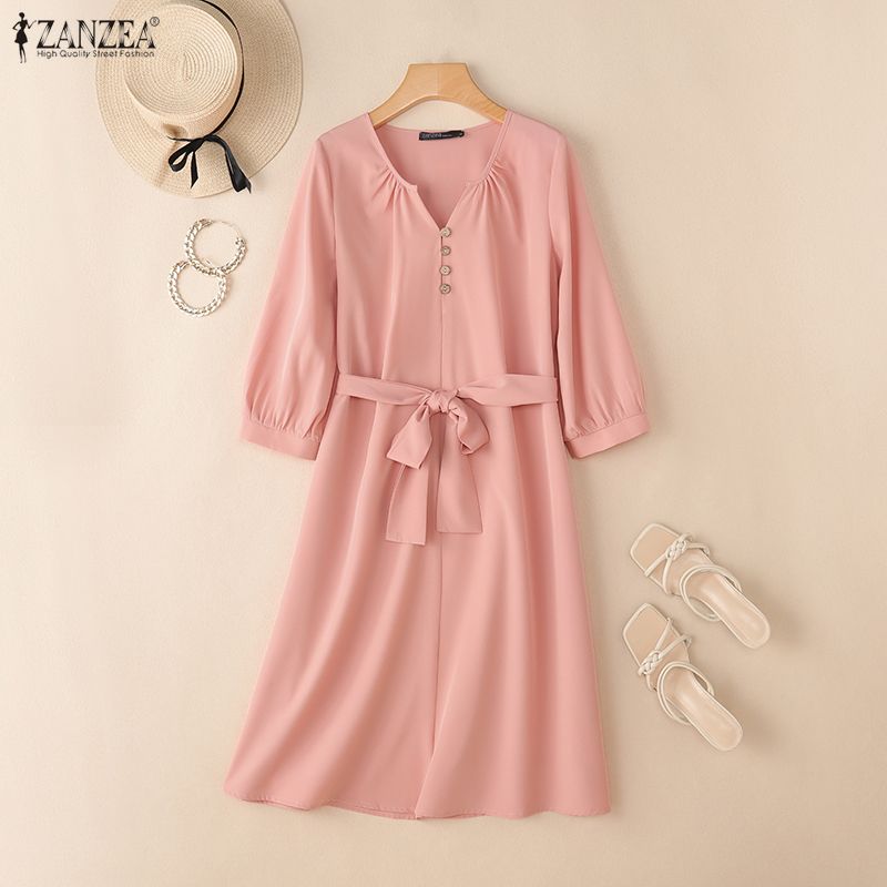 ZANZEA Women Casual V-Neck Loose 3/4 Sleeve Solid Dress