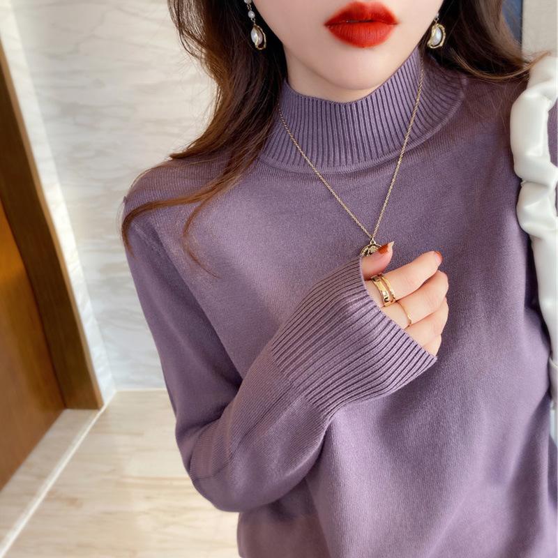 Pullover Sweater Women Autumn Winter Loose Outerwear Semi High Neck Knit Base Layer Gentle Top
