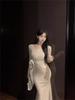 Elegantes V-Ausschnitt Schnürung Langarm Fishtail-Kleid für Damen - Schlankmachender Herbst/Winter Stil