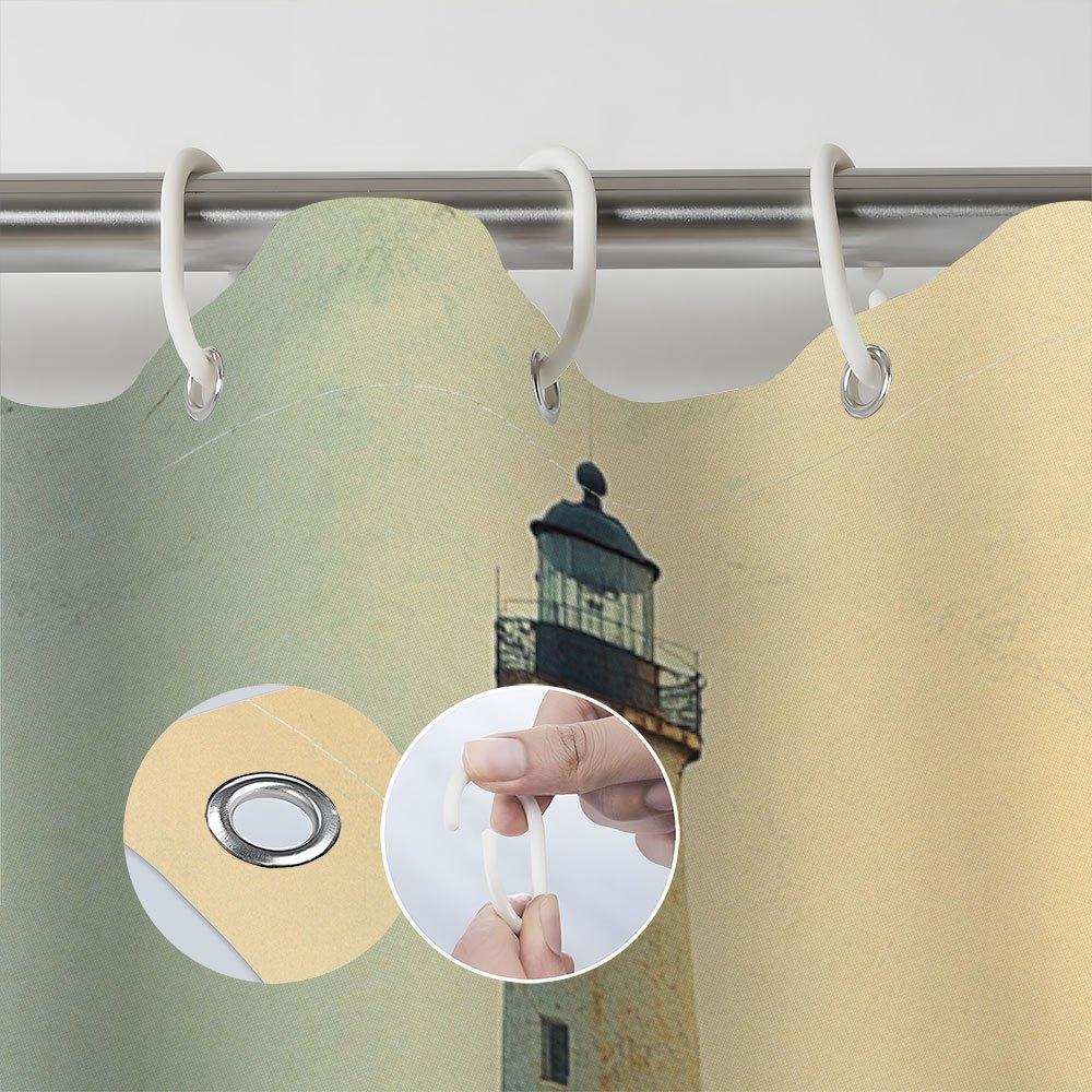 1Pc Vintage Lighthouse Shower Curtain - Solitary White Lighthouse, Rocky Coastline, Grey Ocean Waves, Nautical Coastal Design