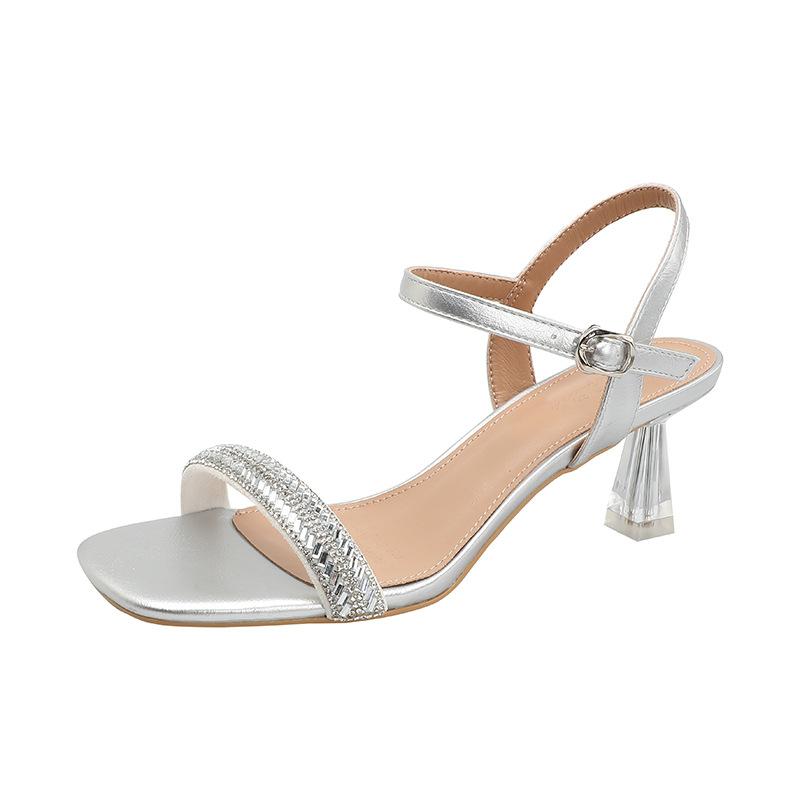 

Fashion gradual change crystal heel high heel sandals women 2025 new summer silver word with stiletto sexy high heels 40 серебряный