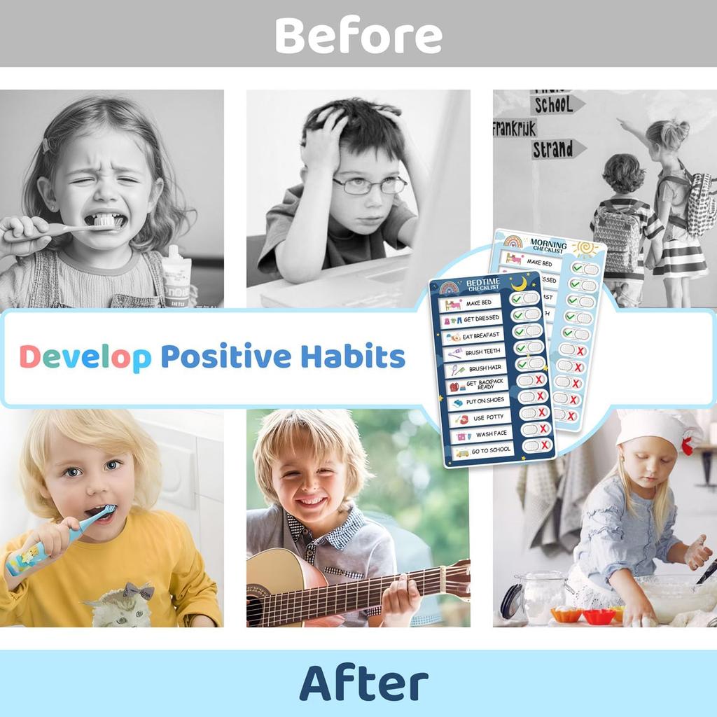 2 in 1 Bedtime/Morning Routine Chart for Kids Toddlers, Magnetic Chore Chart for Kids, Cute Visual Schedule for Kids Schedule Board for Home, Kids