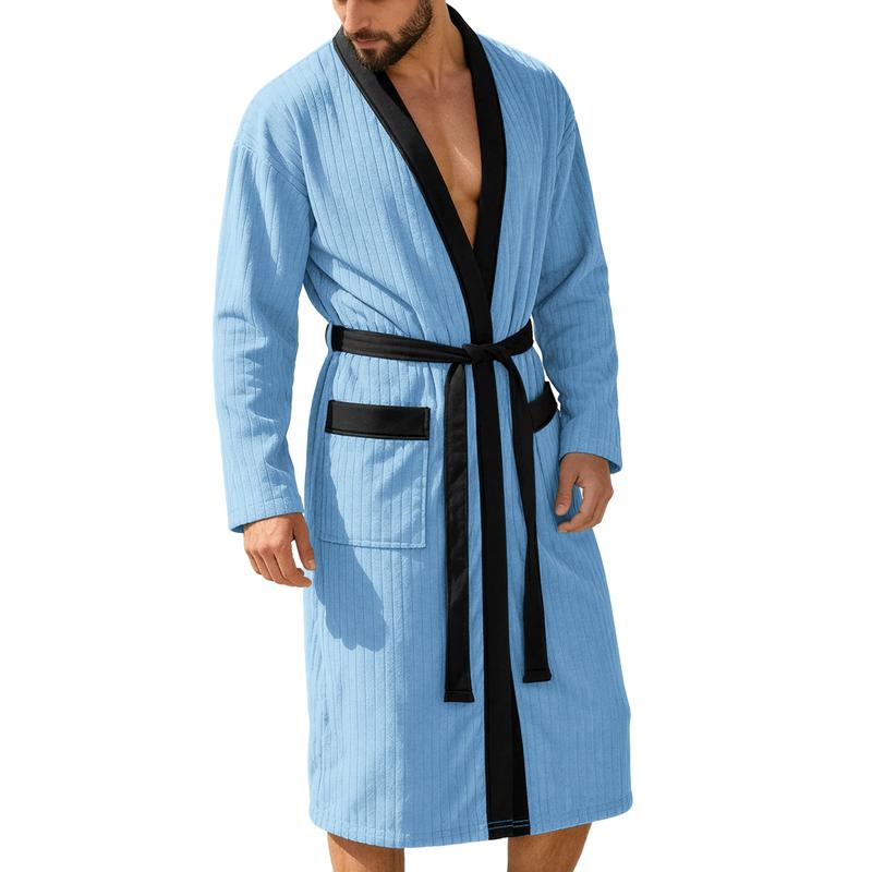 Men's Waffle Knit Bath Robe Long Sleeve V-Neck Kimono Style Sleepwear with Belt and Pockets