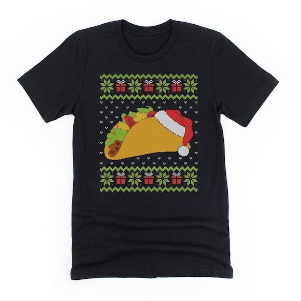 Christmas Taco Graphic T Shirts Taco Ugly Sweater Tshirt Taco with Santa Hat Pattern Shirt Woman Man Cotton Casual Shortsleev S