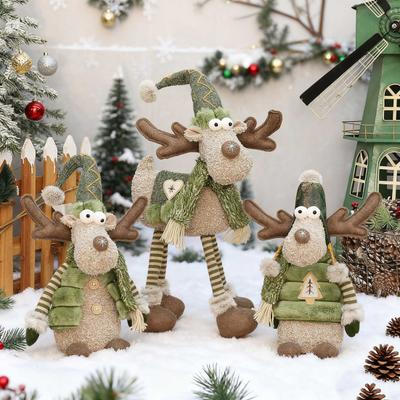 Christmas Reindeer Plush Toy with Retractable Legs Handmade Long-Legged Cartoon Elk Plush Doll Xmas Holiday Party Decoration Ornament