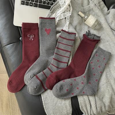 Ankela Red Dui Dui Socks Autumn and Winter Mid-calf Socks Bow Heart Polka Dot Long Calf Socks