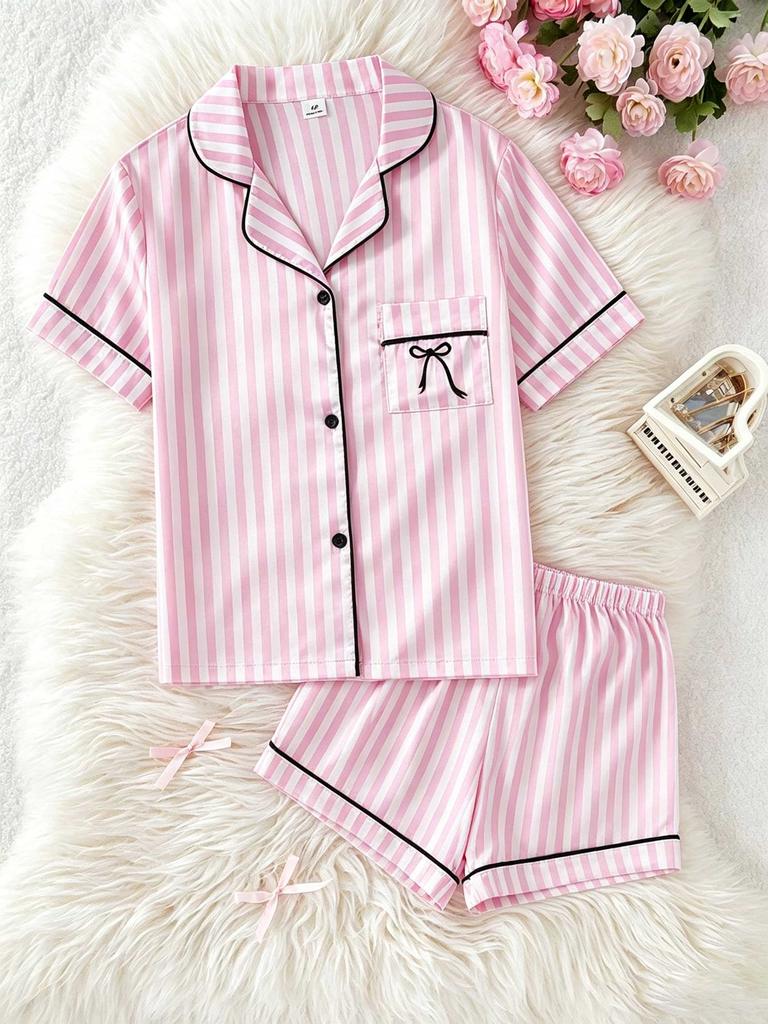 Girls Pink Striped Pajama Set, Short Sleeve Button-Down Sleepwear with Bow, Soft Loungewear for Kids 8-13 Years