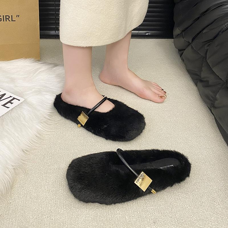 Fairy wind flat-bottomed Mary Jane fluffy shoes women's shoes wear 2025 new autumn and winter warm plush slippers