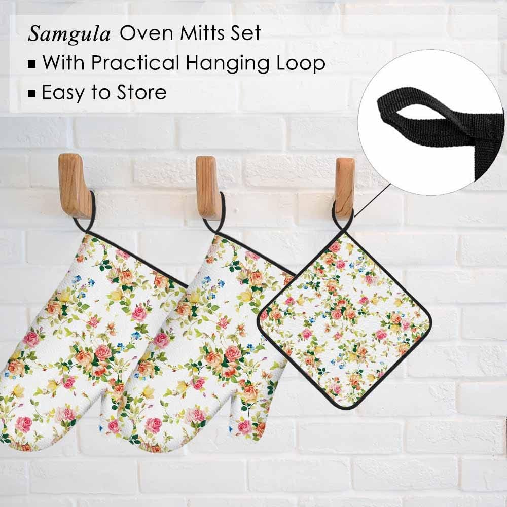 Vintage Flower Oven Mitts and Pot Holders Sets Rose Leaf Branch Spring Nature Heat Resistant 3pcs for Cooking Baking BBQ
