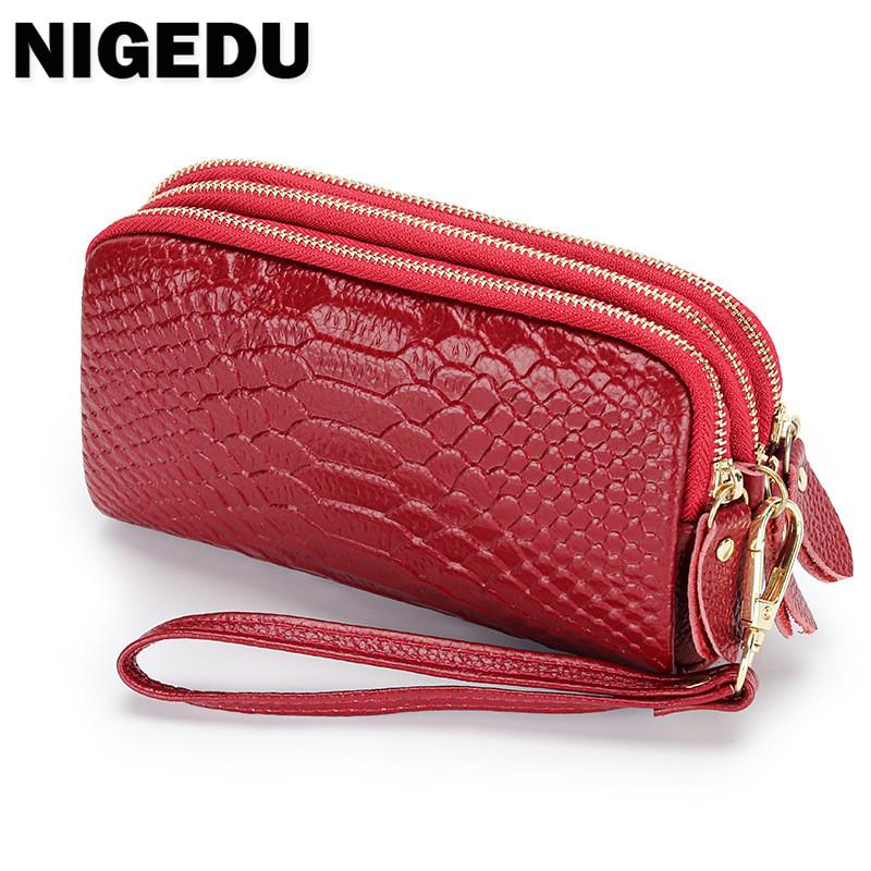 Genuine Leather Women Wallet Long Zipper Wristlet Bag Fashion Crocodile Lady Clutch Coin Purse Mobile Phone Bag Money Clip