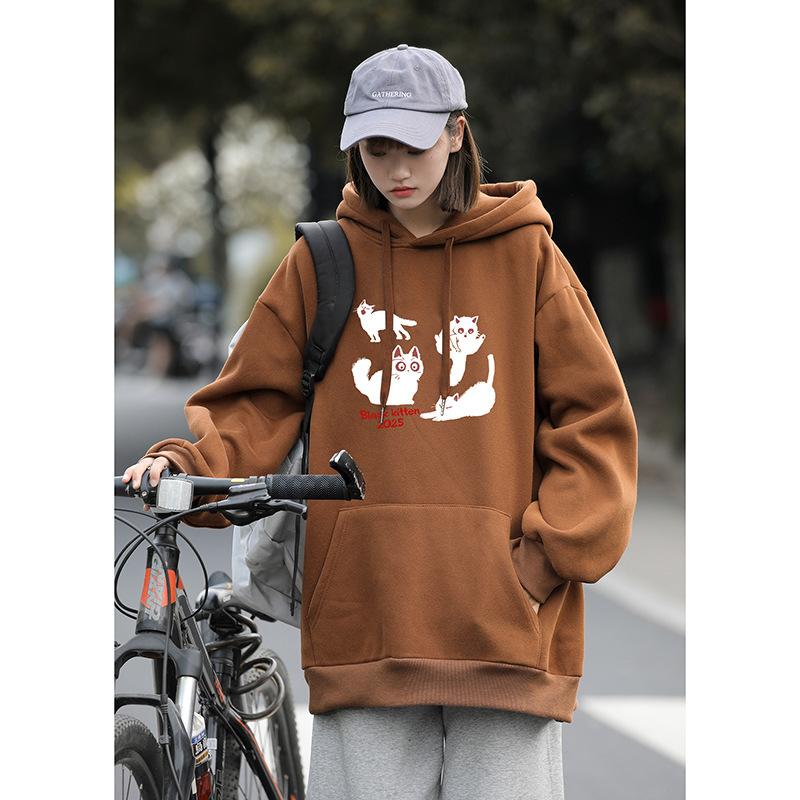 

American Retro Sweater Men s and Women s Autumn and Winter Fleece Thickened Large Size Loose Hooded Jacket 5XL темно-коричневого