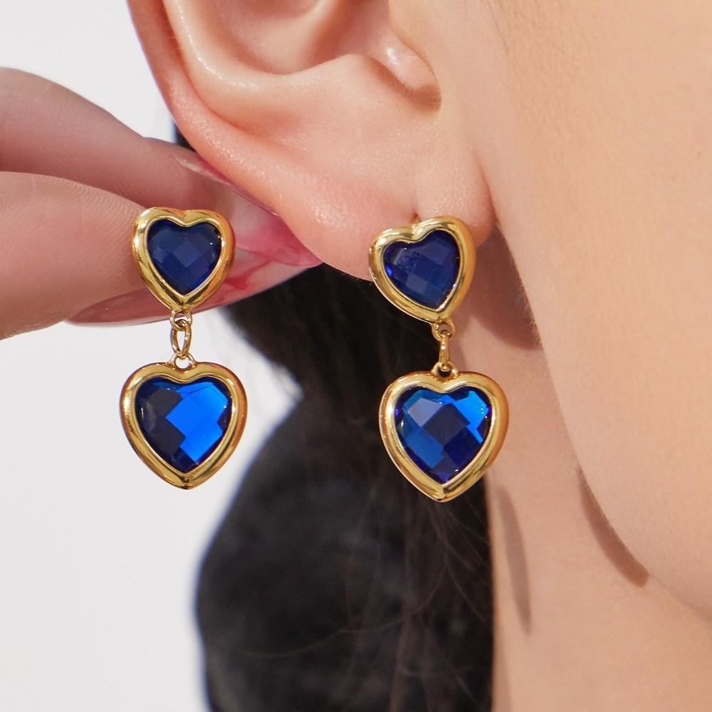 Vintage Heart Glass Necklace Stainless Steel Earrings Hand Chain Heart-shaped Jewelry Set  Gift