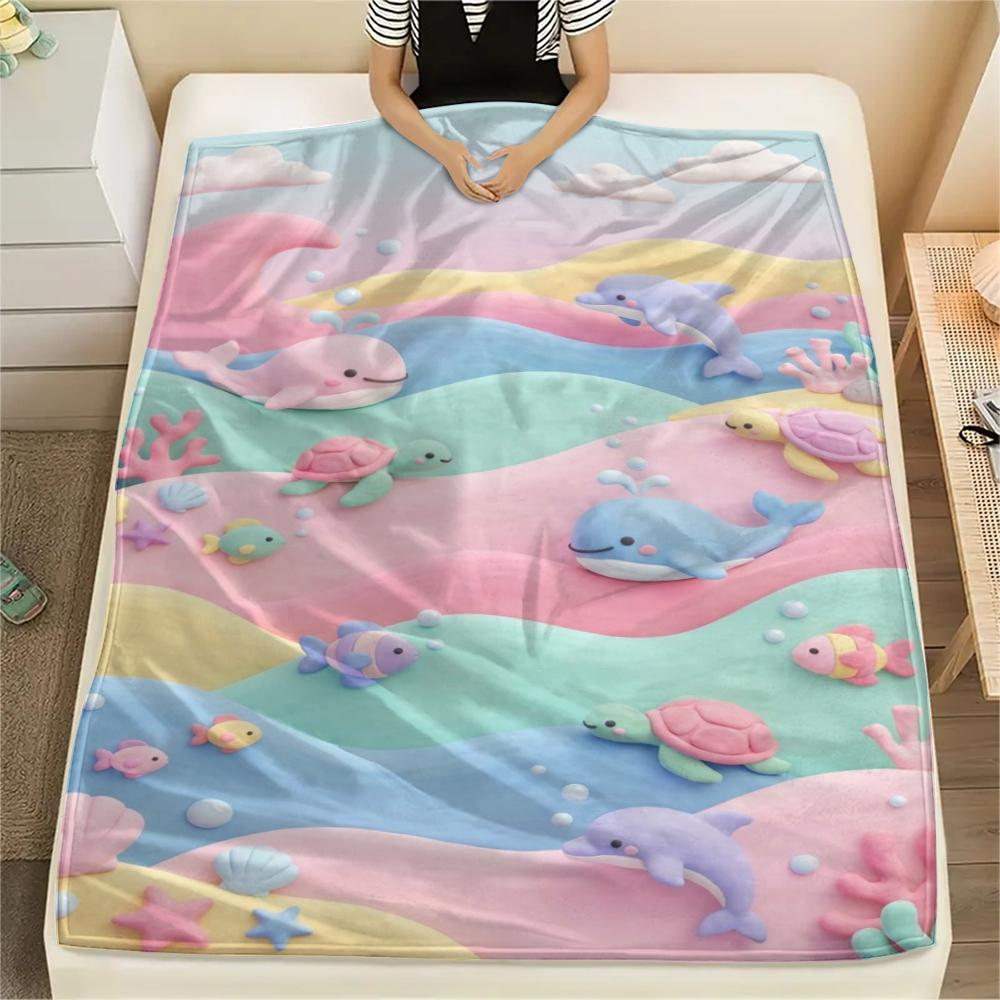 1Pc Ocean Print Flannel Blanket, High quality Comfortable for All Seasons, Home Decor, Warmth and Comfort, Perfect for Christmas Gifts W101