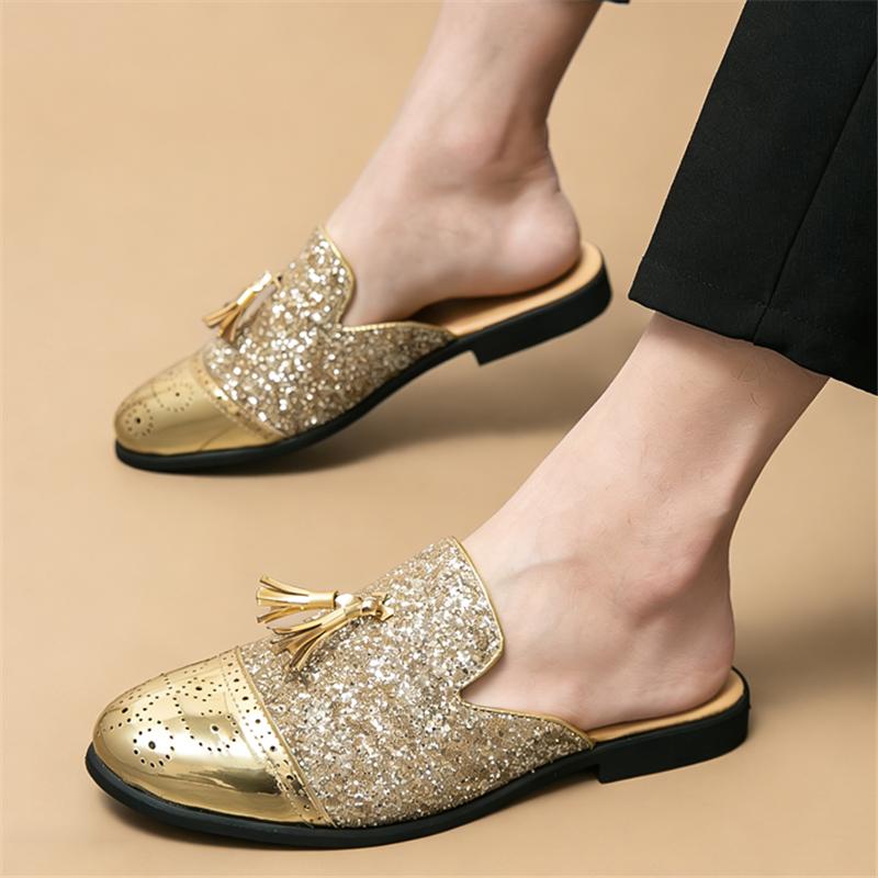 Summer Fashion New Men Gold Black Half Slippers Shoes Male Sequin Tassel Casual Mules Moccasins Breathable Loafer Zapatos Hombre