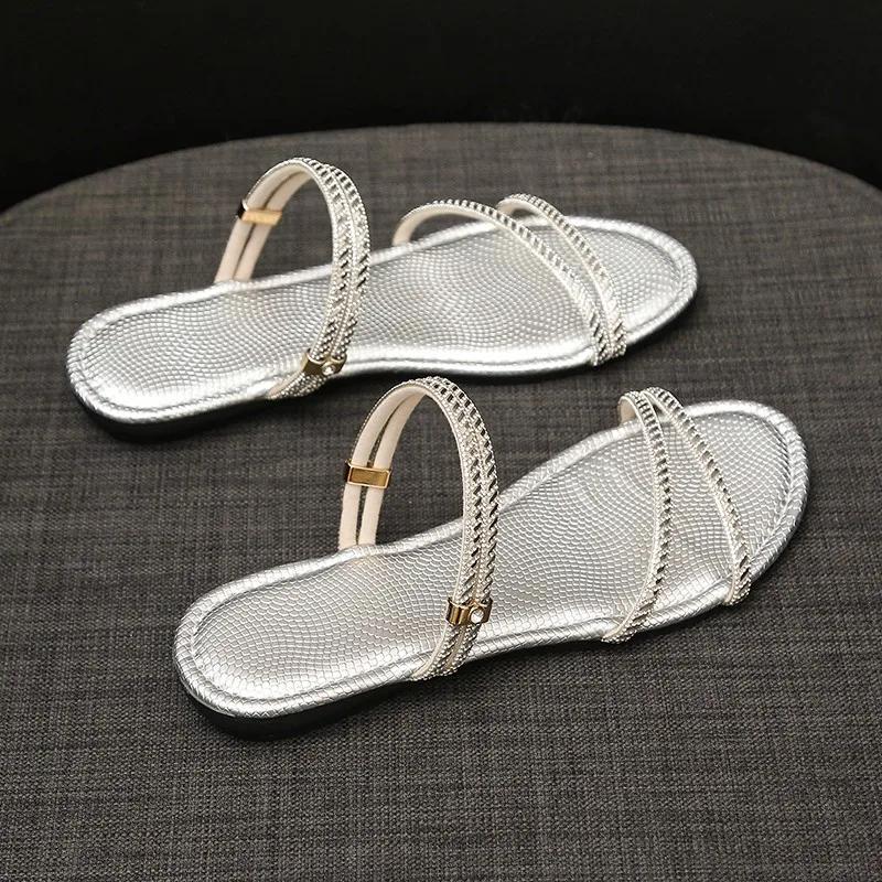 Women's Flat Slippers Rhinestones Soft Sole One Kick Women's Sandals New Dress Beach Summer Two-wear Fashion Sandalias De Mujer