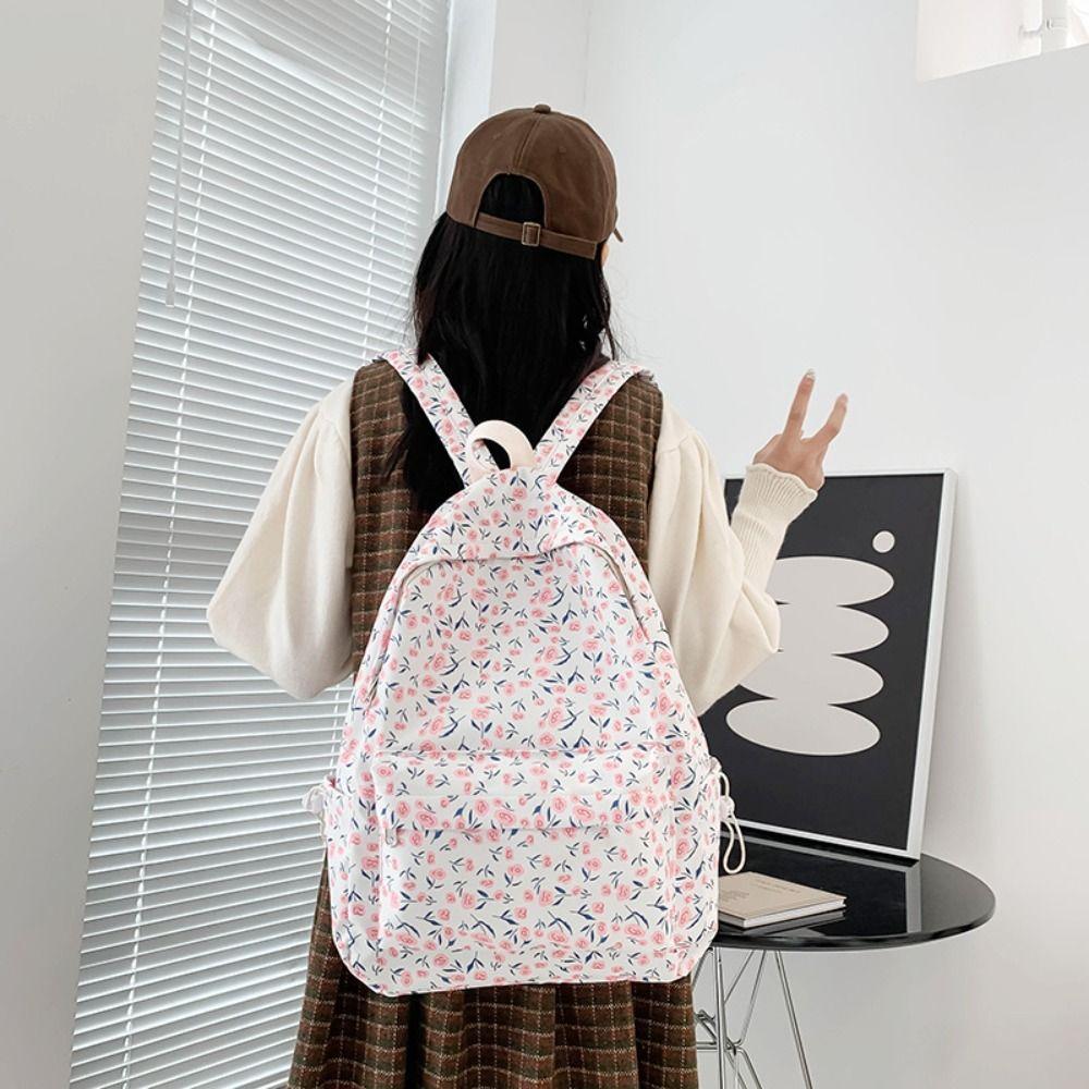 Nylon Floral School Bag Aesthetic Shoulder Bag Large Capacity Students Backpack Travel
