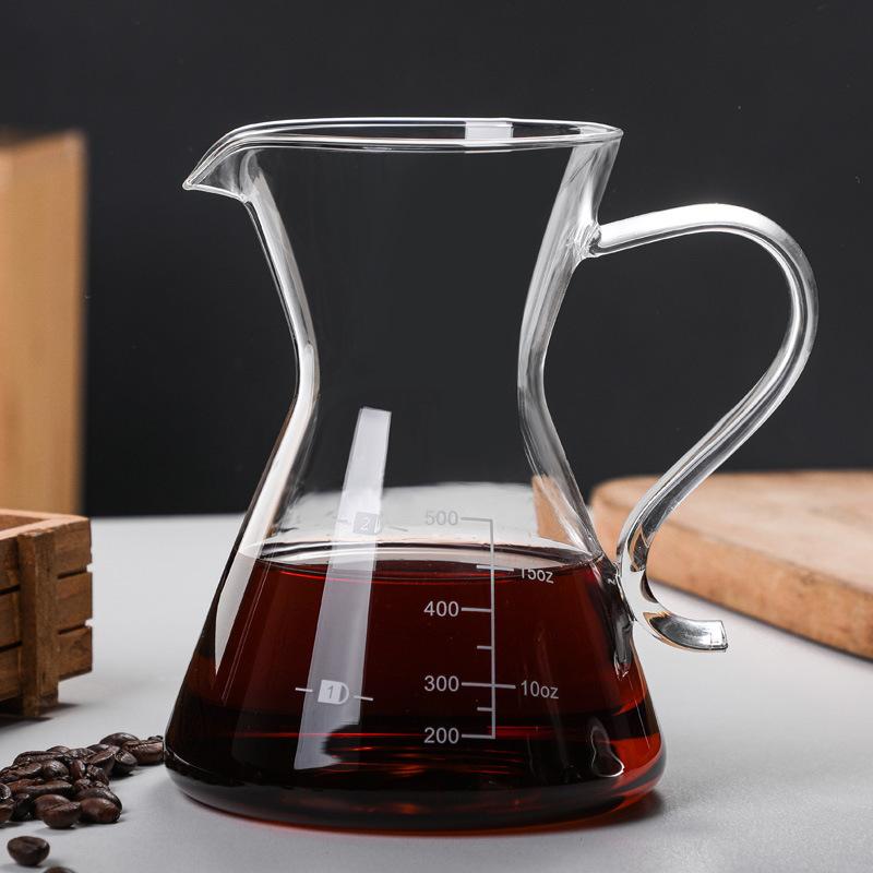 Handgebrühter Kaffeekrug, halbrunder Teilungskrug, verdicktes hitzebeständiges Glas mit graduiertem Kaffeekrug-Tropffilterbecher